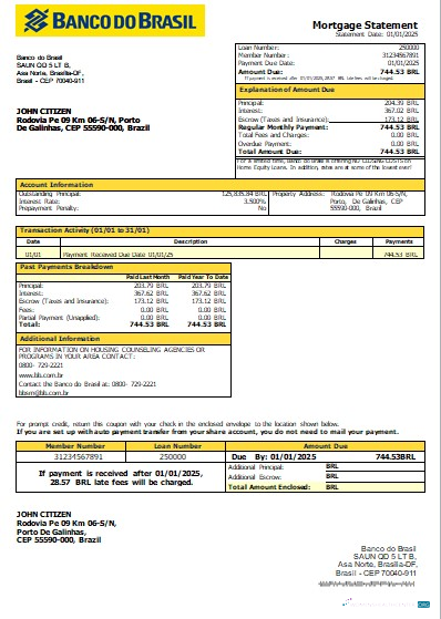 Download Brazil Banco do Brasil bank mortgage statement scr Photoshop template